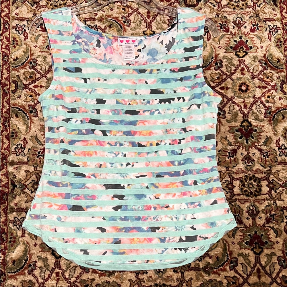 Trixxi Mint Striped Overlay Floral Tank Top Size XS